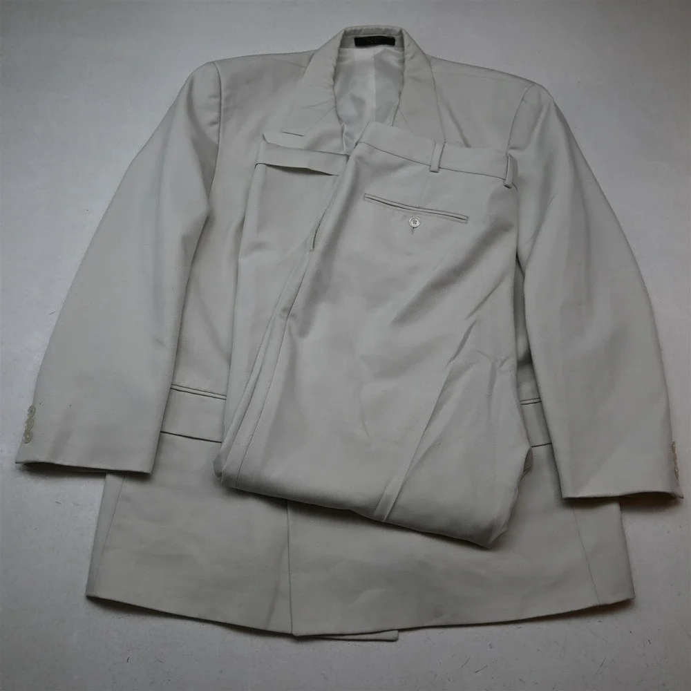 Vtg Y2K 2000s Boxy Double Breasted 46R 38x30 White Textured Jacket Pants Suit